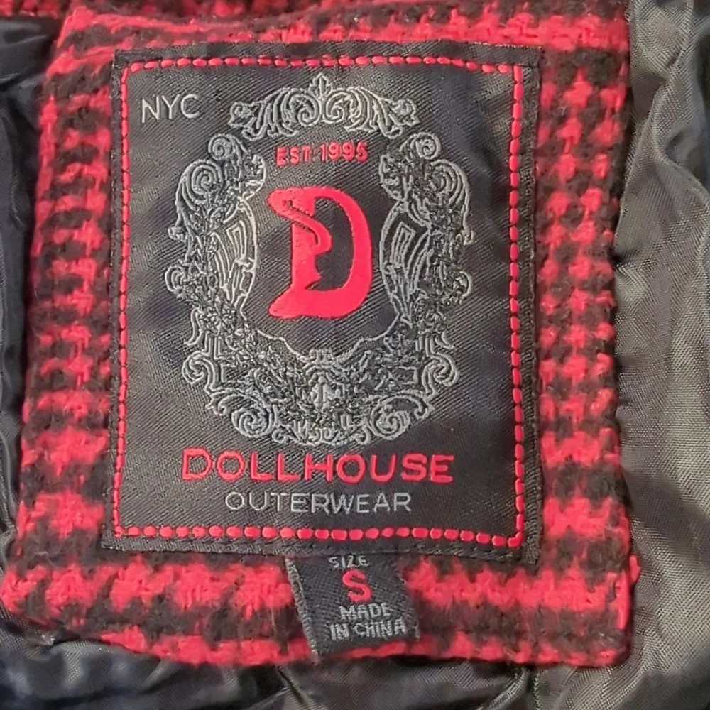 Dollhouse, red and black herringbone pattern short jacket with hood. Sma…